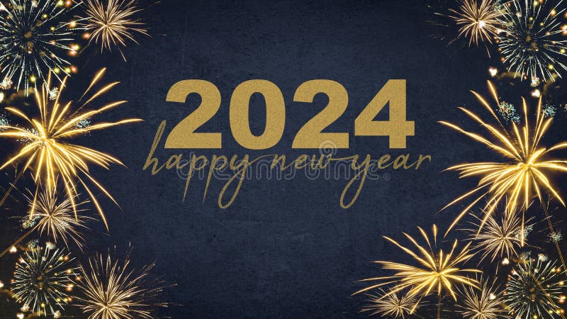 HAPPY NEW YEAR 2024 - Festive silvester New Year`s Eve Party background greeting card - Golden fireworks in the dark blue night