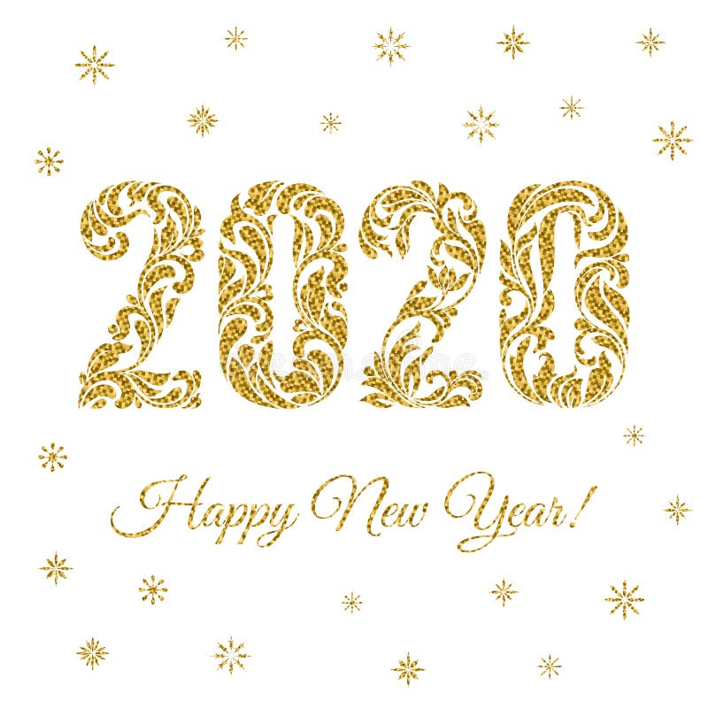 Happy New Year 2020. The figures and snowflakes with golden glitter made in floral ornament isolated on a white background