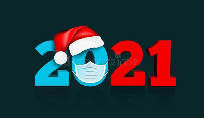 Happy New Year 2021. Figures under the hat of Santa Claus and medial face mask. Vector illustration