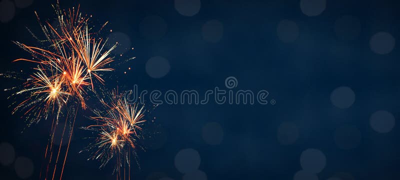 Happy New Year Fireworks background banner panorama greeting card template - Orange yello firework in the dark blue night