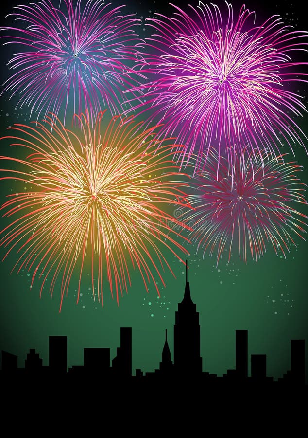 Happy New Year fireworks night city royalty free illustration