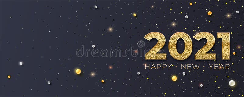 Happy New Year 2021. Glittering golden dust and pearls on black background. New years poster, headers for website