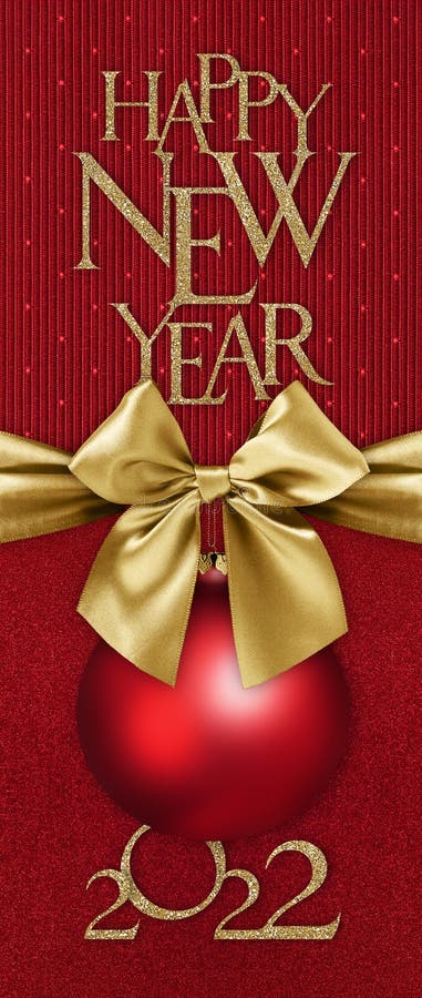 Happy new year glittering text and 2022 number with red christmas ball with golden satin ribbon bow on red sparkling background