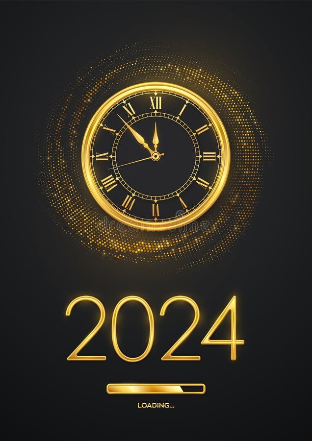 Happy New 2024 Year. Hanging Golden Metallic Numbers 2024 with Stars