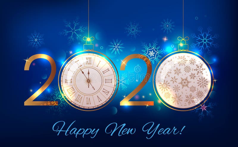 2020 Happy New Year greeting card or banner on the background of fireworks, sparkle and stars and a Christmas ball with a royalty free illustration 2020 Happy New Year greeting card or banner on the background of fireworks, sparkle and stars and a Christmas ball with a royalty free illustration