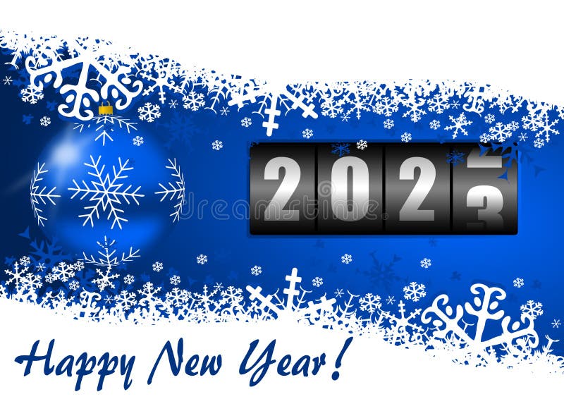 Happy New Year 2023 greeting card illustration with christmas ball, snowflakes and counter on blue background