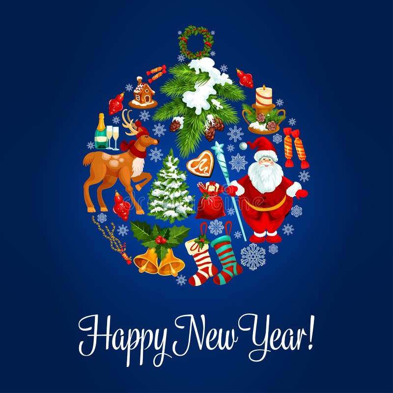 Happy New Year greeting card. Ornament ball