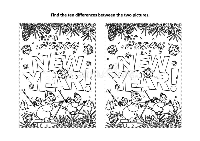Happy New Year greeting find the differences visual puzzle and coloring page royalty free illustration