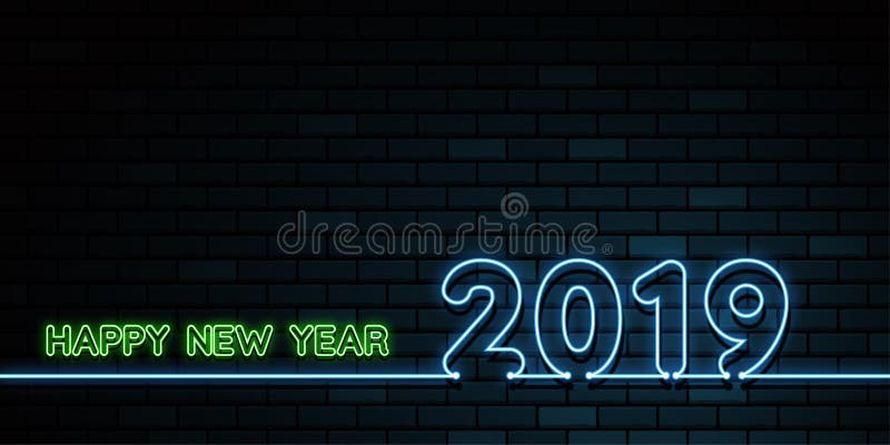 Happy new year 2019. Greetings card. Colorful neon glow in the drak . Vector illustration