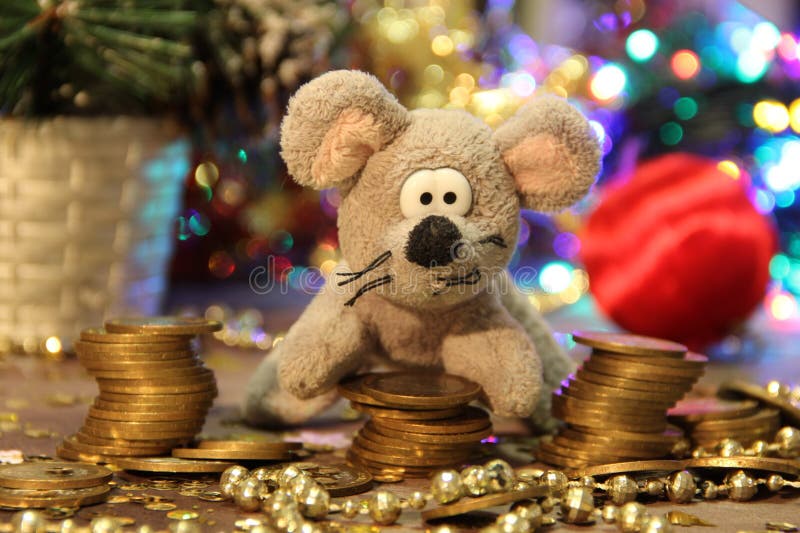 Happy New Year 2020. Grey rat and money. Golden background. Merry Christmas. stock photo