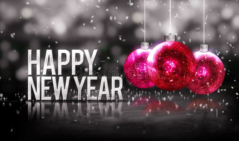 Happy New Year Hanging Baubles Red Bokeh Beautiful 3D Grayscale vector illustration Happy New Year Hanging Baubles Red Bokeh Beautiful 3D Grayscale vector illustration