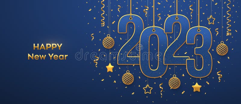 Happy New 2023 Year. Hanging on gold ropes numbers 2023 with shining 3D metallic stars, balls and confetti on blue background. New