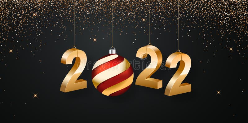 Happy New Year 2022. Hanging Golden 3D Numbers with Confetti on a ...