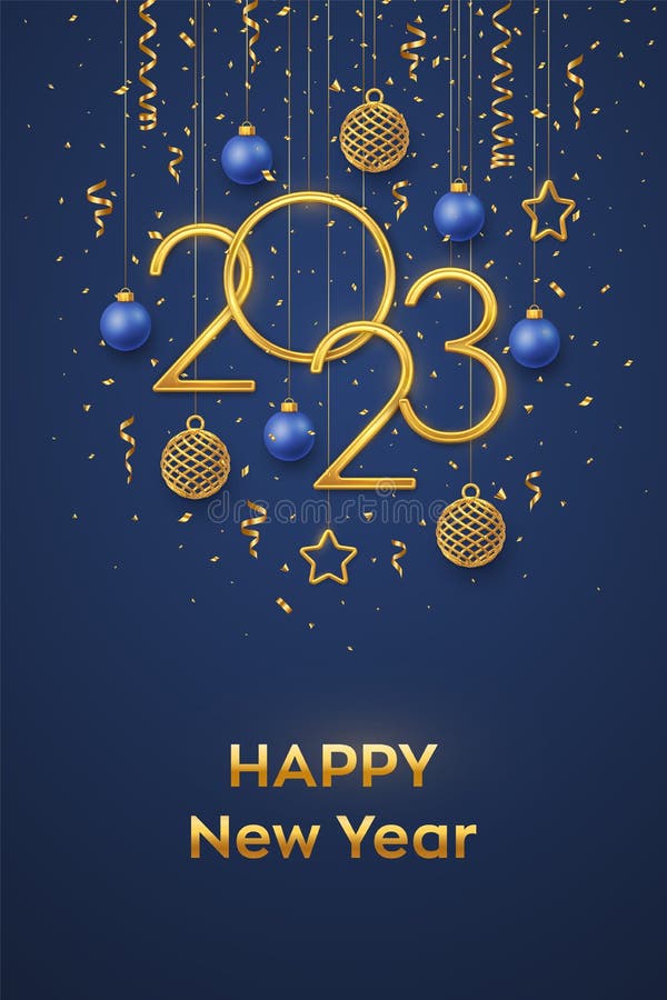 Happy New 2023 Year. Hanging Golden metallic numbers 2023 with shining 3D metallic stars, balls and confetti on blue background.