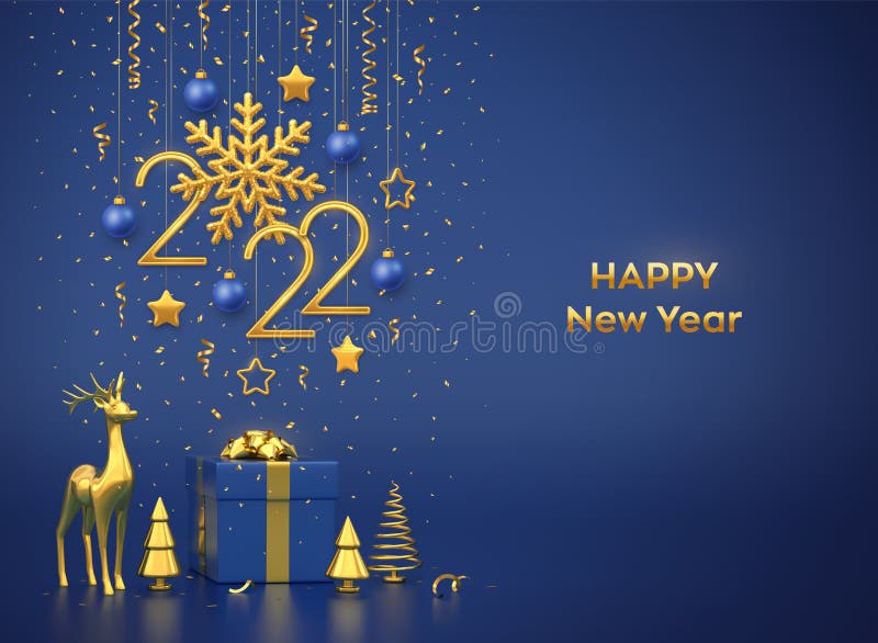 Happy New 2022 Year. Hanging golden metallic numbers 2022 with snowflake, stars, balls on blue background. Gift box, gold deer and