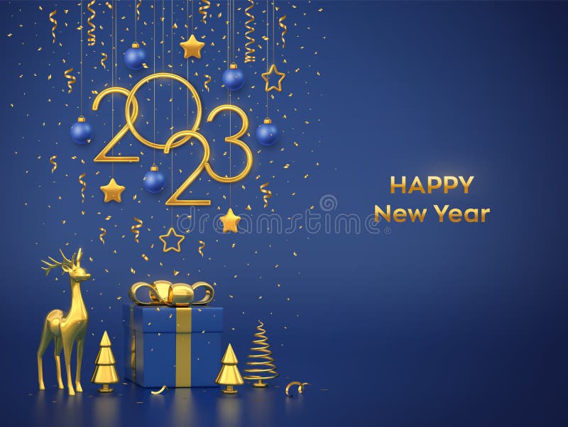 Happy New 2023 Year. Hanging golden metallic numbers 2023 with stars, balls on blue background. Gift box, gold deer and golden