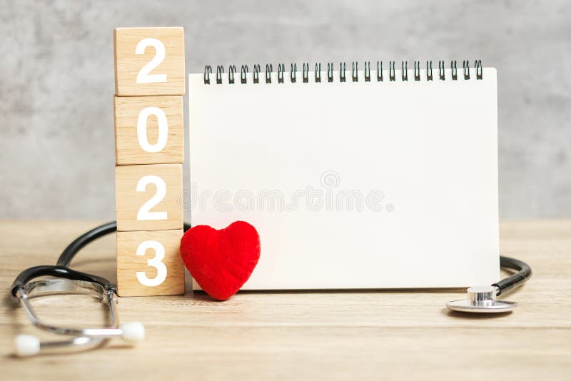 Happy New Year Healthcare Insurance Wellness Medical Concept Stethoscope Blank Notebook Copy Space Your Text 249998452 