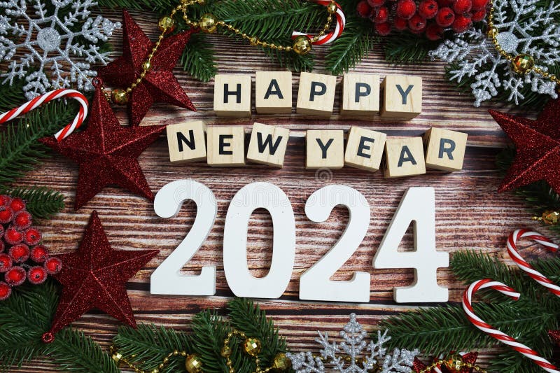 Happy New Year 2024 Holidays Celebration with Christmas Decorations