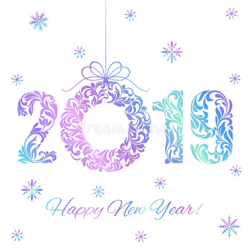 Happy New Year 2019. Holographic Numbers and Christmas wreath isolated on a white background. royalty free illustration Happy New Year 2019. Holographic Numbers and Christmas wreath isolated on a white background. royalty free illustration