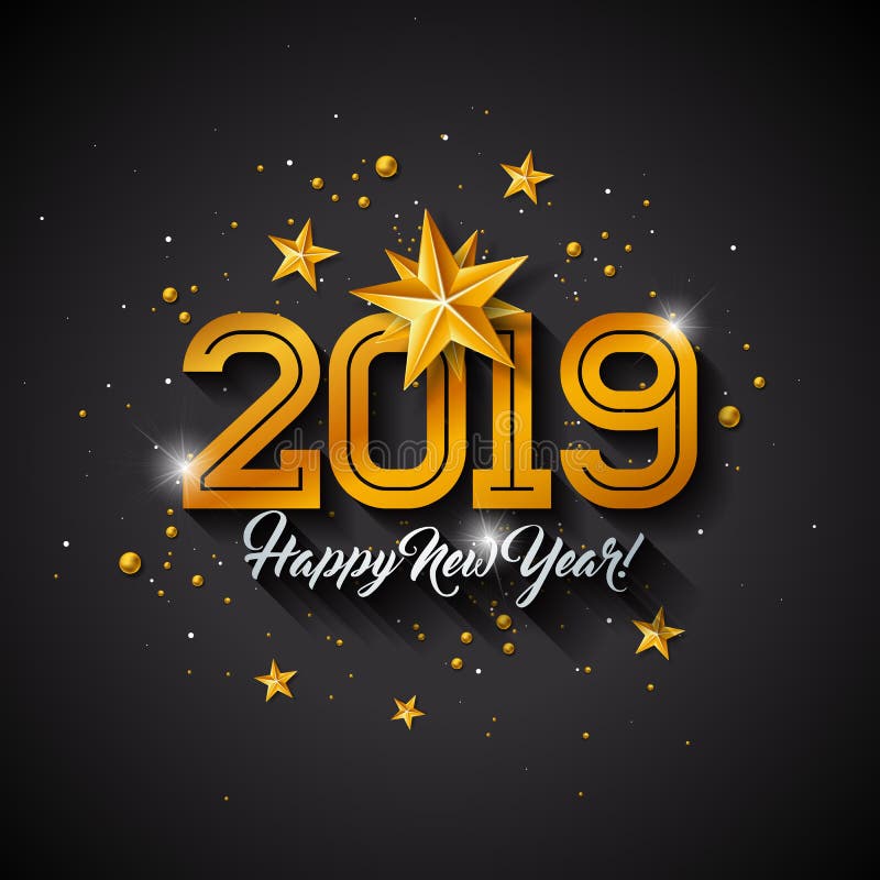 Happy New Year 2019 Illustration with Typography Letter, Gold Cutout Paper Star and Ornamental Ball on Black Background