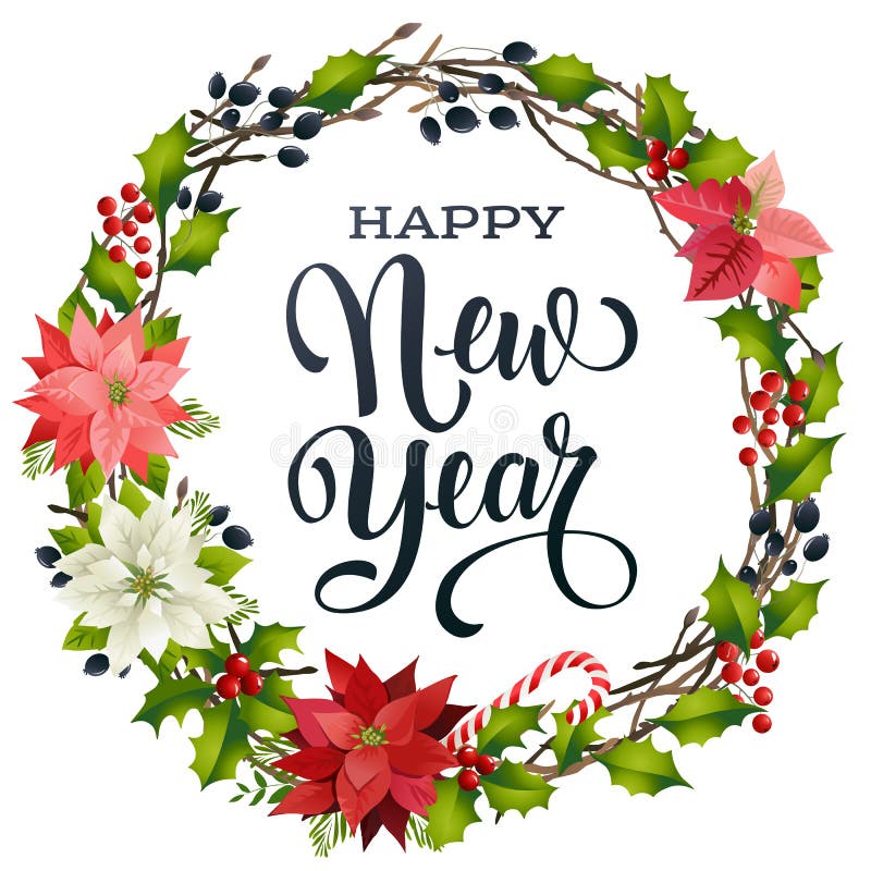 Happy New Year lettering banner for web or social media. Holiday greeting card template. Wreath, frame of winter plants, candy can stock illustration