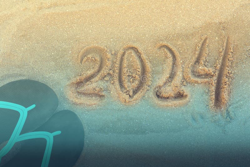 Happy New Year 2024, Lettering Message Handwritten on the Beach Numbers