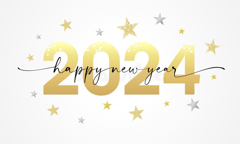 Happy New Year 2024 Lettering Script And Golden Glitter Of Stars Stock Vector Illustration Of