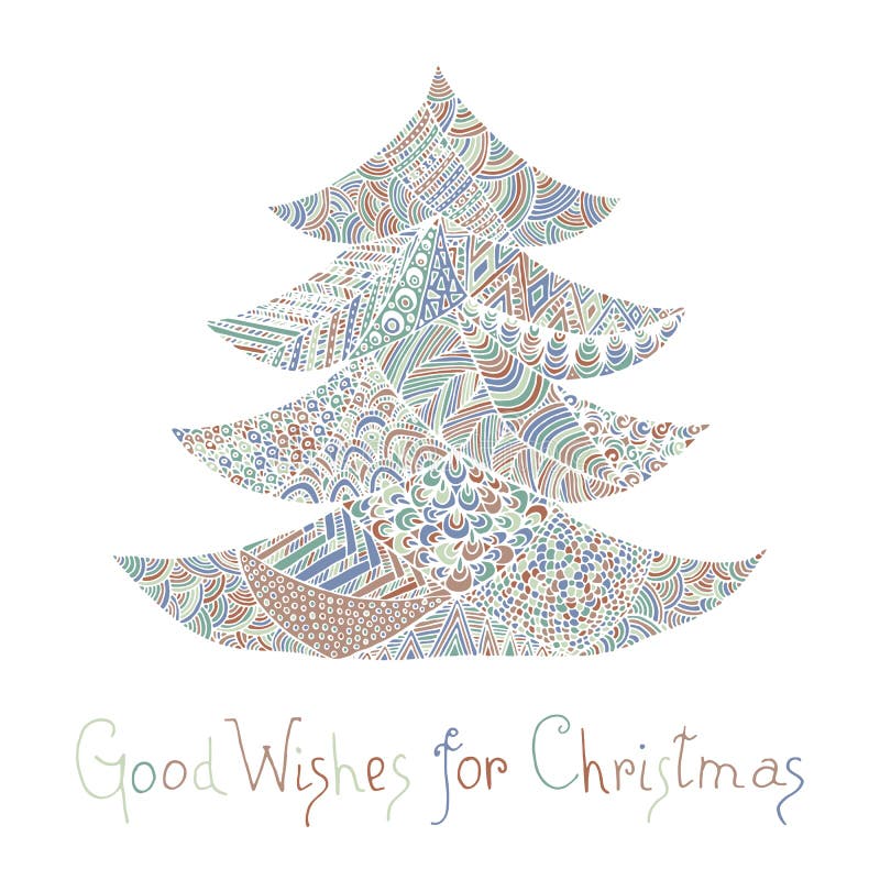 Happy new year and merry christmas card. Colored Christmas tree in zentangle style with lettering stock illustration Happy new year and merry christmas card. Colored Christmas tree in zentangle style with lettering stock illustration