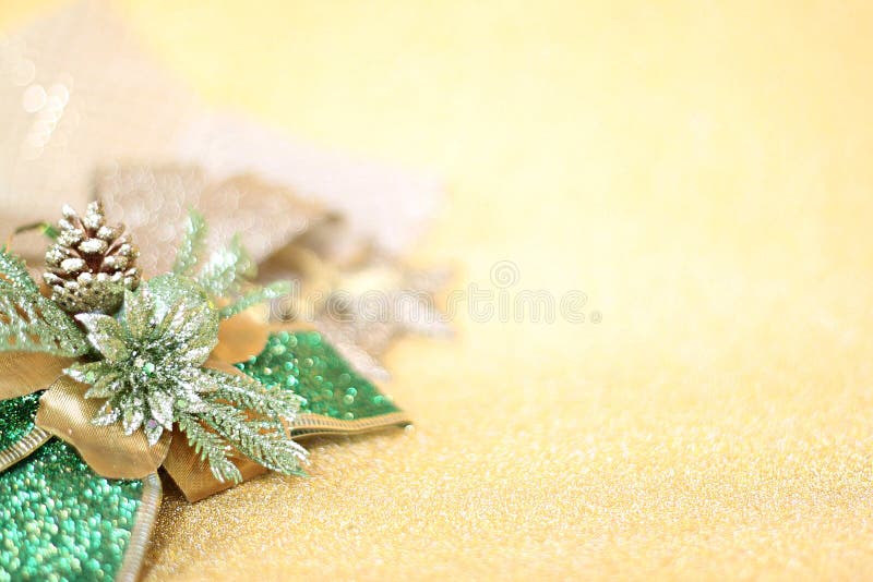 Christmas Ornaments on Gold Glitter Lighting Background Stock Image ...