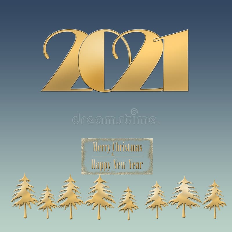 2021 Happy new year Merry Christmas gold text on pastel blue background with gold christmas trees. Elegant gold text with light. Minimalistic text template. Copy space, mock up. 3D illustration. 2021 Happy new year Merry Christmas gold text on pastel blue background with gold christmas trees. Elegant gold text with light. Minimalistic text template. Copy space, mock up. 3D illustration