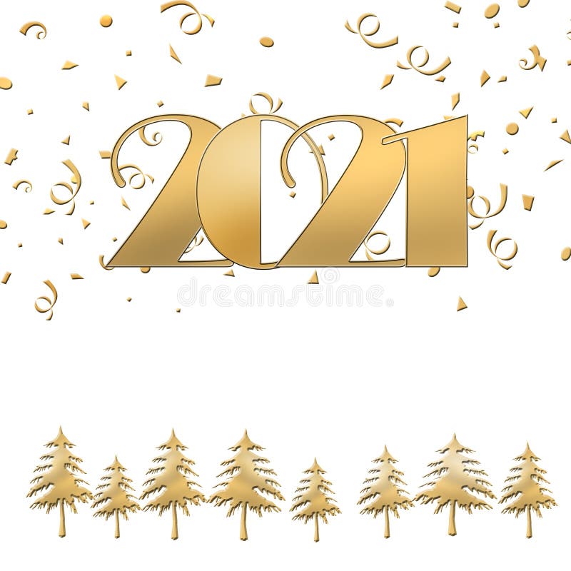 2021 Happy new year Merry Christmas gold text on white background with gold christmas trees and confetti. Elegant gold 2021 with light. Minimalistic text template. Copy space, mock up. 3D illustration. 2021 Happy new year Merry Christmas gold text on white background with gold christmas trees and confetti. Elegant gold 2021 with light. Minimalistic text template. Copy space, mock up. 3D illustration