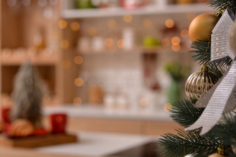 Happy New Year And Merry Christmas! Christmas Tree Decorated With Christmas Tree Decorations. Christmas Kitchen. Beautiful Bokeh Stock Image - Image Of Bright, 2022: 227922133