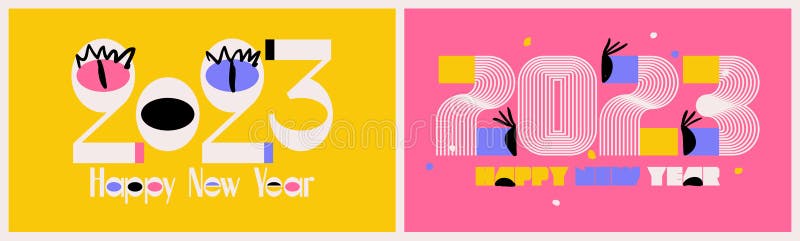 Happy New Year 2023 modern design with trendy multicolored numbers with abstract eyes on vibrant background. Contemporary vector