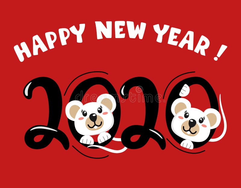 Happy New Year. Year of the white rat. 2020. Cute mouse, the symbol of 2020. Vector illustration. Lettering