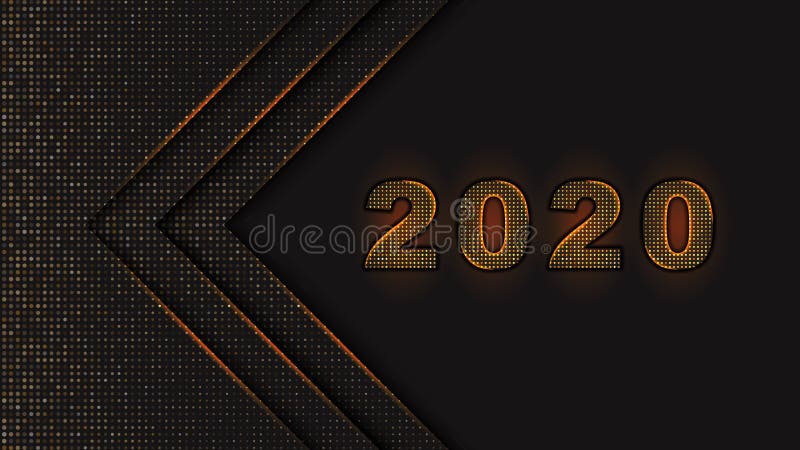 Happy New Year 2020 numbers design abstract black background textured with golden halftone pattern, dotted ornament holiday banner. Holiday banner, poster, greeting card template. Year of the rat. Copy space.