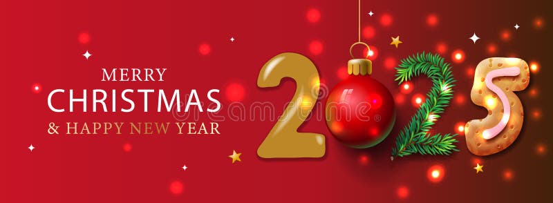 Happy new year 2025 numbers with holiday Christmas decoration and sparkling lights on red background. Xmas design royalty free illustration