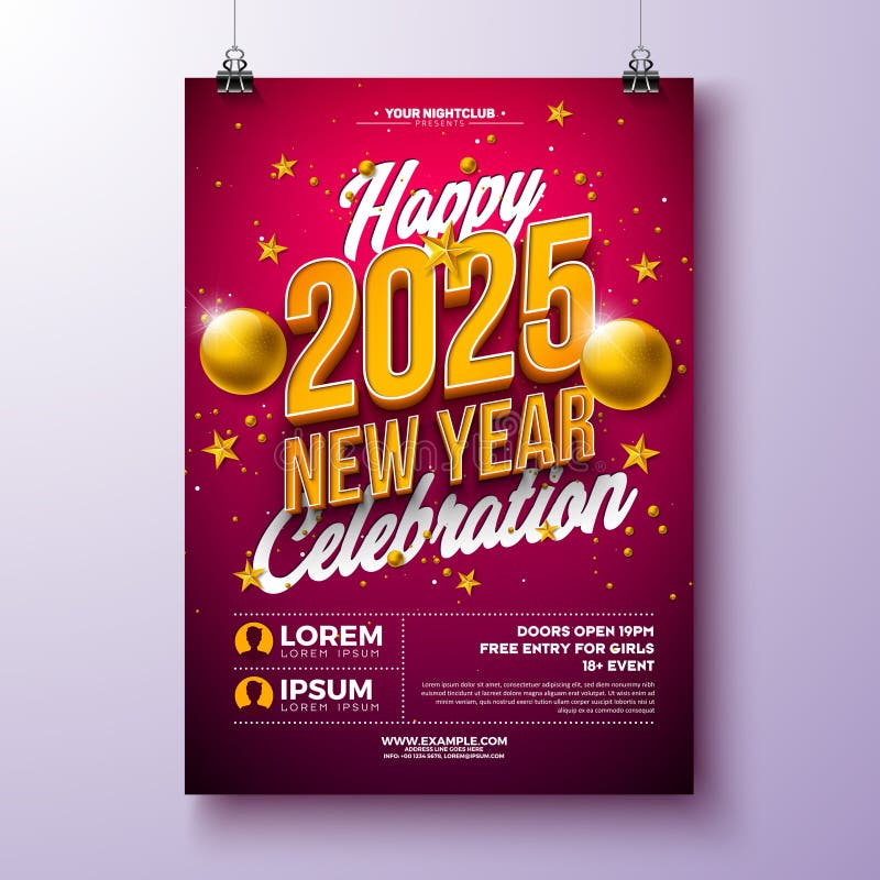 Happy New Year 2025 Party Celebration Poster Template Illustration with 3dTypography Lettering and Christmas Ball on Red vector illustration