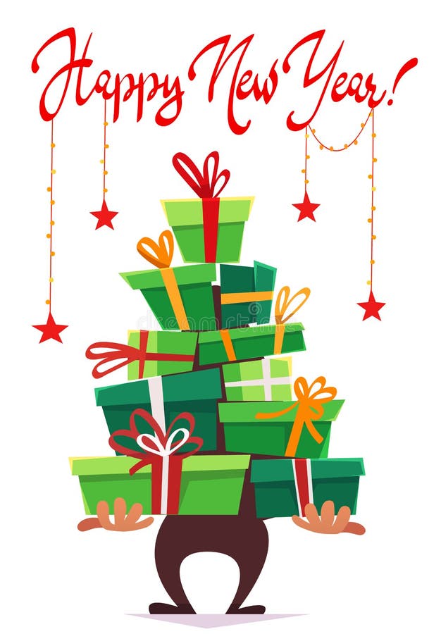 Happy new year post card greeting party invitation , lot many gift boxes of gifts stack triangle stand christmas tree form with ri stock illustration Happy new year post card greeting party invitation , lot many gift boxes of gifts stack triangle stand christmas tree form with ri stock illustration