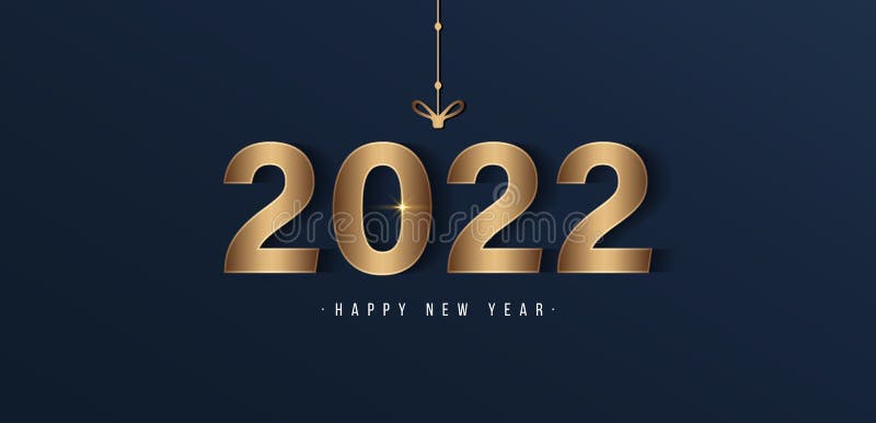 Happy New Year 2022 with Shiny Golden Numbers on Dark Blue Background.  Vector Number Hanging on Ribbon Stock Vector - Illustration of happy, dark:  231856863