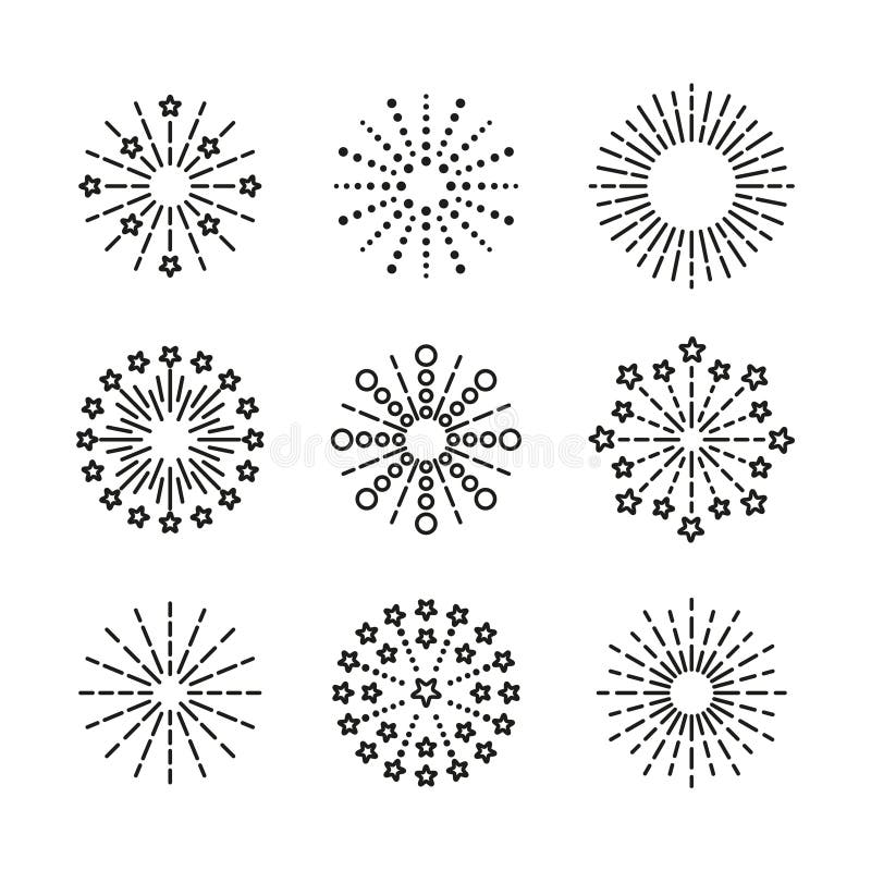 Happy new year shiny symbol. Firework icon. Vector. Linear sparkle explosion. Set of burst stars, sparks and salute stock illustration