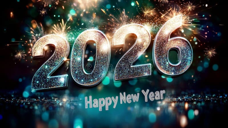 Happy New Year 2026. Silver Number 2026 With Sparkling Fireworks On Emerald Background. royalty free illustration
