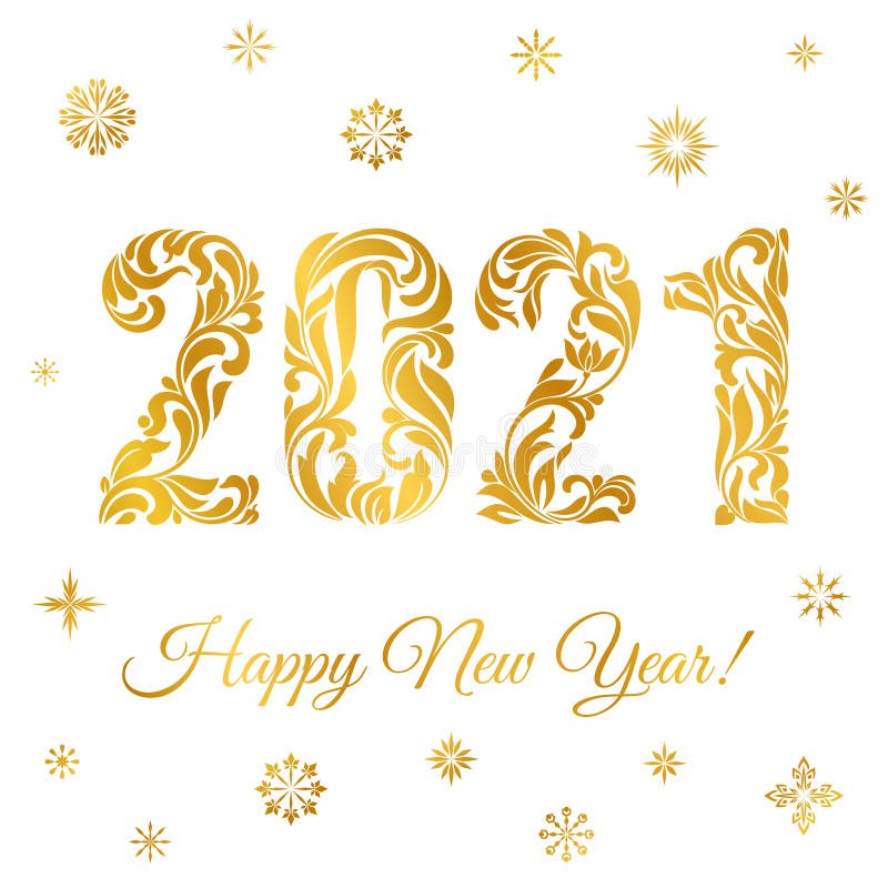 Happy New Year 2021. Snowflakes and golden figures with made in floral ornament isolated on a white background