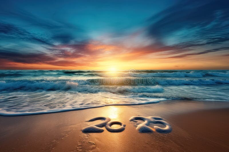 2025 Happy New Year on Sunset Beach Abstract Background. Generative Ai