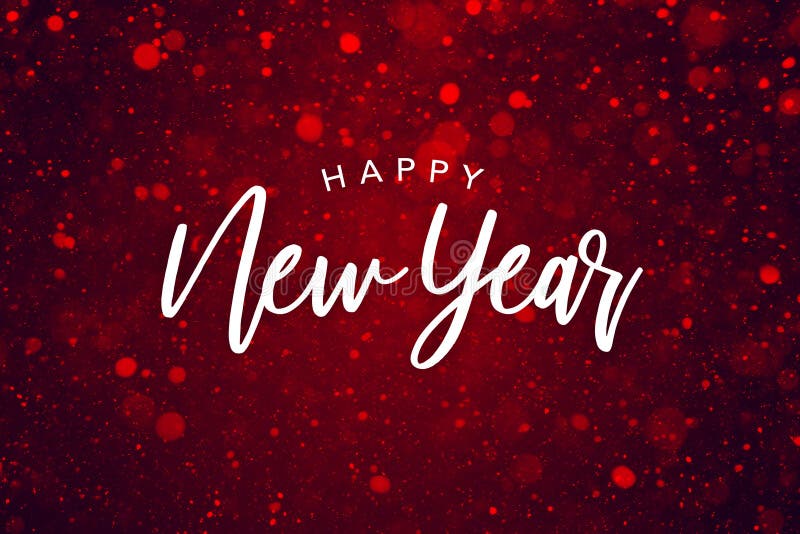 Happy New Year Text Over Red Sparkle Glitter Background. Magical Holiday Calligraphy Font with Glowing Defocused Bokeh Lights Back