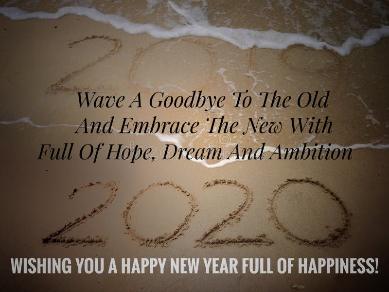 Happy New Year 2020. Text label with background of sandy beach, Happy New Year 2020 royalty free stock photo