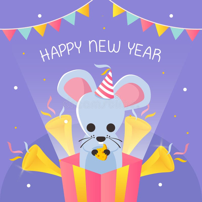 Happy new year with text shaped like cheese and mouse inside present box vector