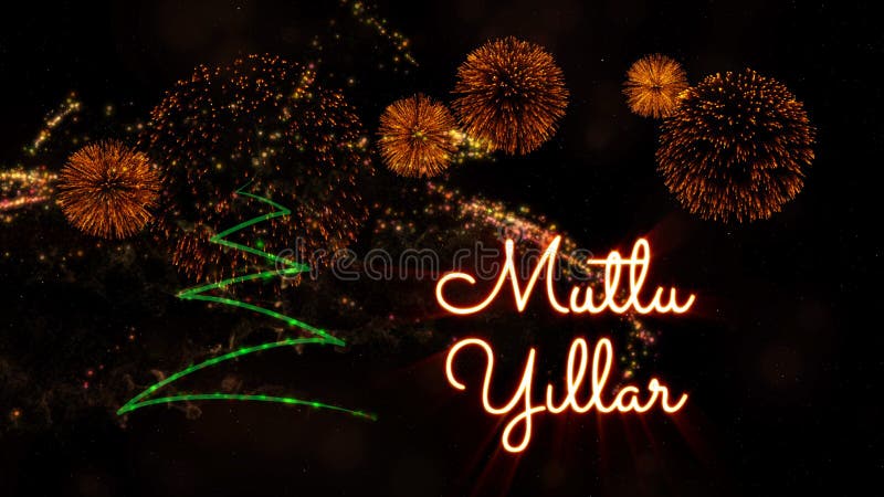 Happy New Year text in Turkish \'Mutlu Yillar\' over pine tree and stock image Happy New Year text in Turkish \'Mutlu Yillar\' over pine tree and stock image