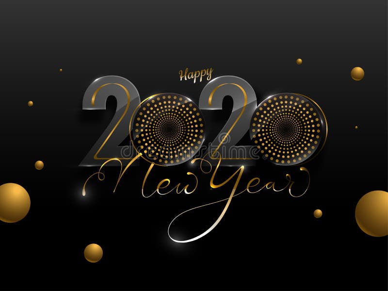 Happy New Year 2020 Text with Woofer`s and Golden Circles Decorated. On Black Background vector illustration