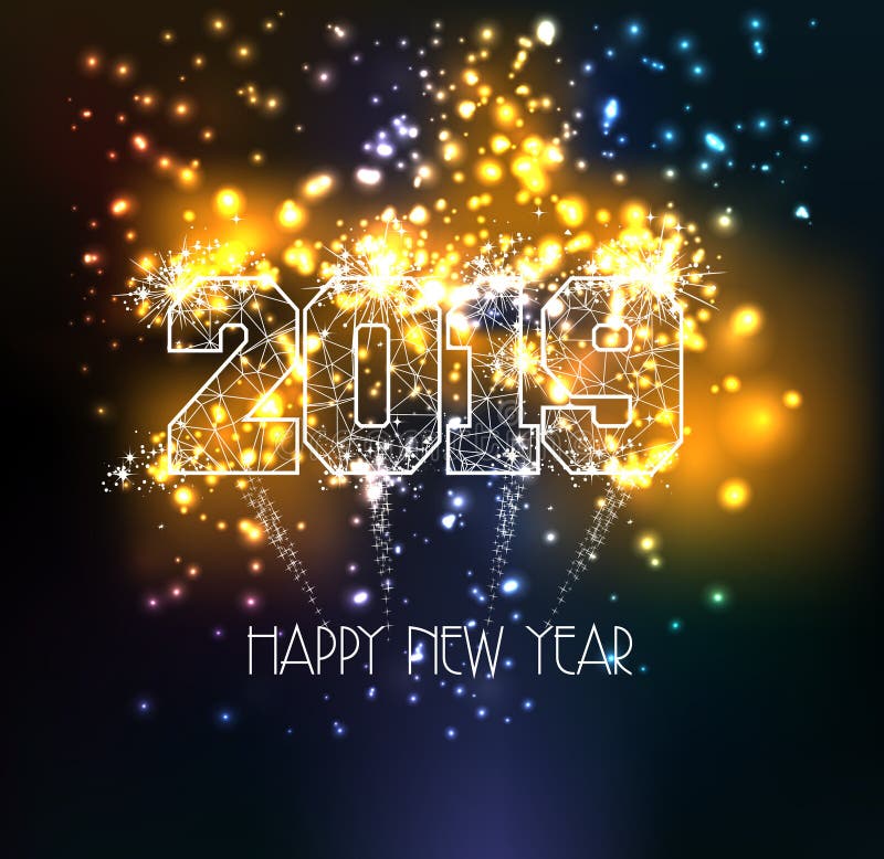 Happy new year 2019 triangle line type on colorful magic fireworks lights effects vector illustration Happy new year 2019 triangle line type on colorful magic fireworks lights effects vector illustration