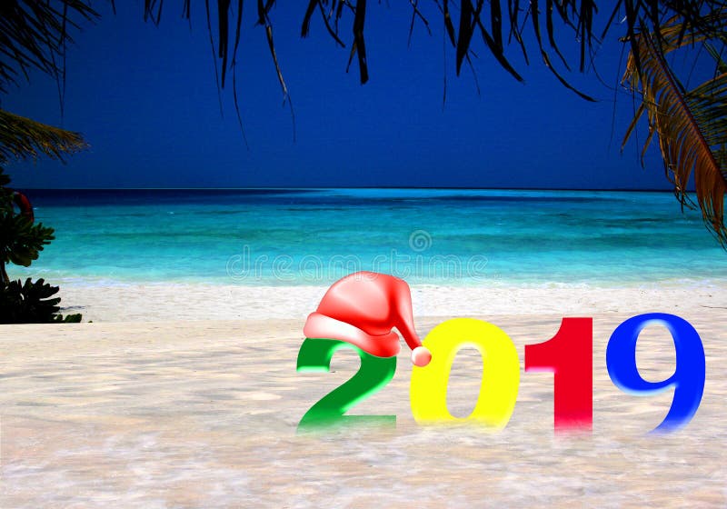 Happy New Year 2019 on a tropical island stock image Happy New Year 2019 on a tropical island stock image